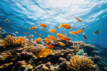 Obraz premium A School of Orange Fish Swimming Around Coral Reef in Blue Ocean Water