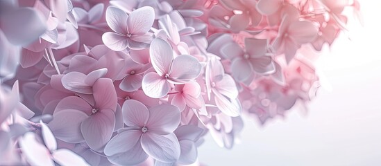 Obraz premium Flowers in a pinky white hue like Hydrangea or Hortensia create a delicate and elegant appearance in the copy space image