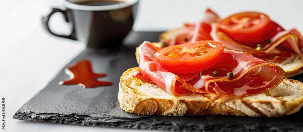 Poster A Spanish lunch composed of a slice of bread topped with tomato and Iberian ham served with a cup of coffee displayed on a black board against a white background as a copy space image