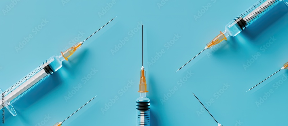 Aufkleber Aerial view of syringes with needles on a blue background emphasizing copy space image Depicting the concept of injection treatment