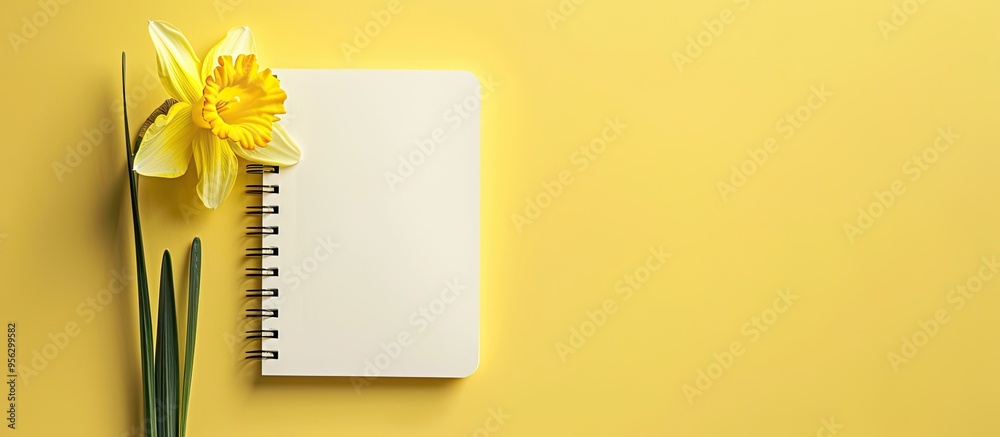 Poster Spring narcissus on a light yellow background with a blank notebook featuring a daffodil flower on it forming an Easter related design with a spacious area for text or a copy space image
