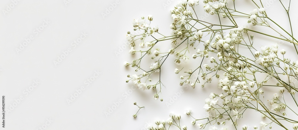 Poster gypsophila flower twigs arranged in a bouquet with copy space on a white background image