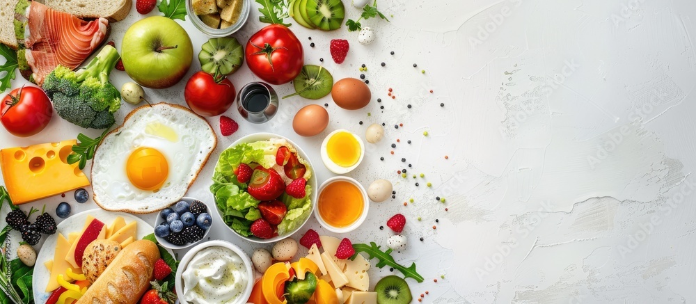 Aufkleber Flat lay composition of a breakfast spread including fruits salad egg bread vegetables cheese and berries with a spacious area for additional text or graphics