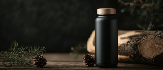 Stylish black bottle with wooden lid on a rustic table, surrounded by pine cones and natural elements, perfect for eco-friendly branding.