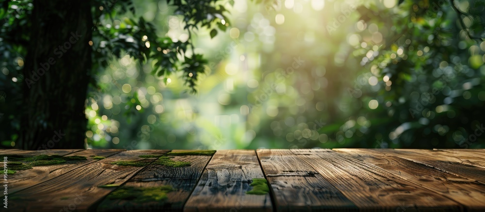 Poster a wooden table with a blurred green forest background provides ample copy space for showcasing adver