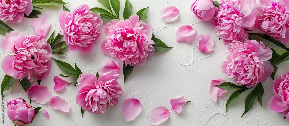 Fototapete Pink peony flowers arranged in a frame on a white background for a flat lay view with top view perspective providing copy space for an image