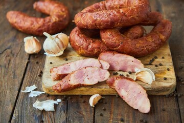 The sausage, cut into pieces, lies on a wooden surface with garlic. Meat production.