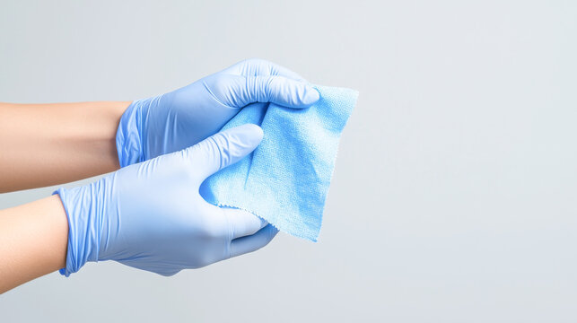 A close-up of a hand in a blue glove holding a blue cloth, symbolizing cleanliness and hygiene practices in various environments.