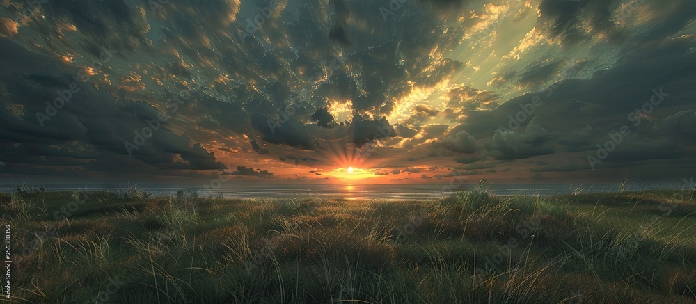 Aufkleber summer sunset with a dramatic sky filled with dark clouds creating a beautiful and captivating scene
