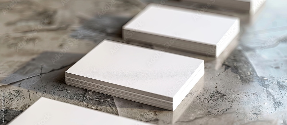 Aufkleber close up of blank business cards on a textured light grey table perfect for design mockup with copy 