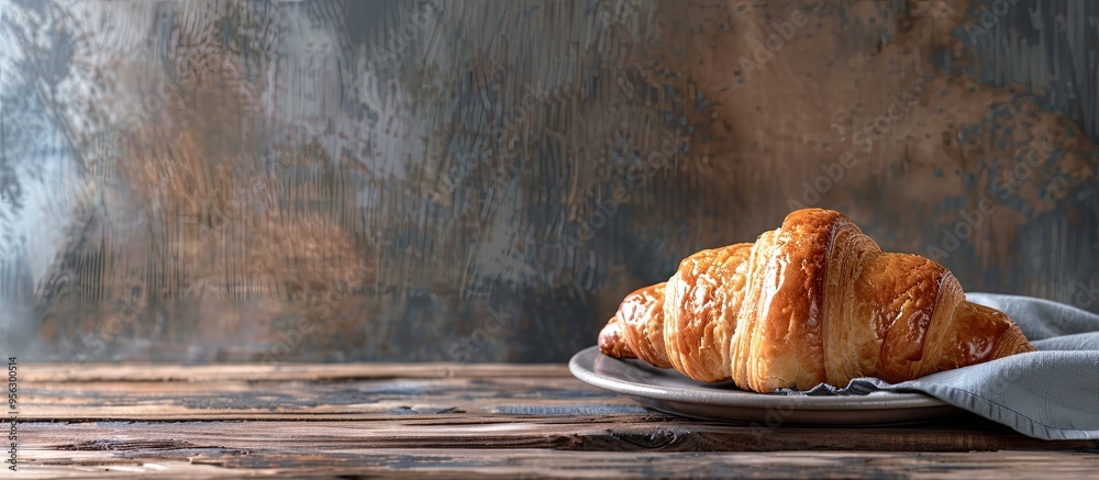 Poster french bakery meal with a fresh croissant on the table set against a rustic background with copy spa