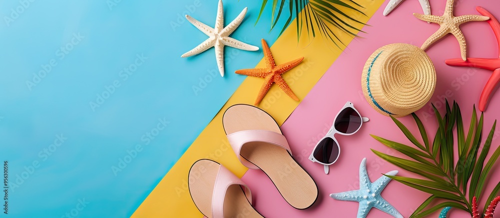Leinwandbilder top view of stylish beach accessories arranged on a colored background in a composition that represe