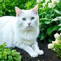 cat  sit on the flower garden