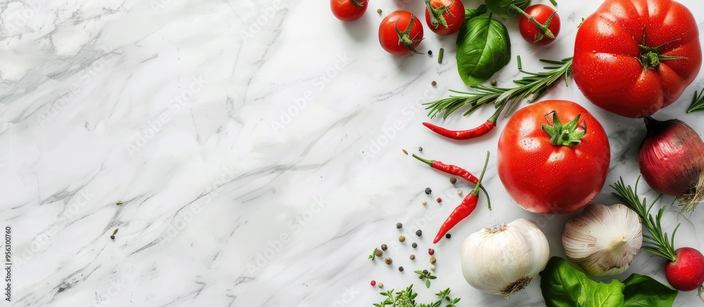 Poster fresh vegetables fruits and herbs arranged on a white marble surface providing a vegetarian friendly
