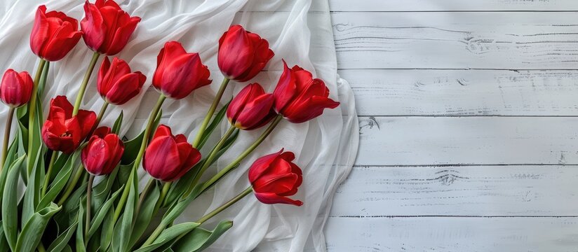 Close up photo of the American flag alongside tulip flowers on a white wooden backdrop perfect for Memorial Day with copy space image