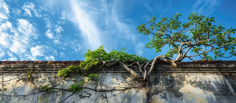 Aufkleber javanese tree roots cissus nodosa with lush green leaves sprawling on house walls set against a blue