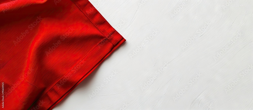 Fototapete Overhead shot of a red kitchen napkin on a table isolated Tidy cloth for mockup with a blank area for text or images in a minimalistic flat lay style. Creative banner. Copyspace image