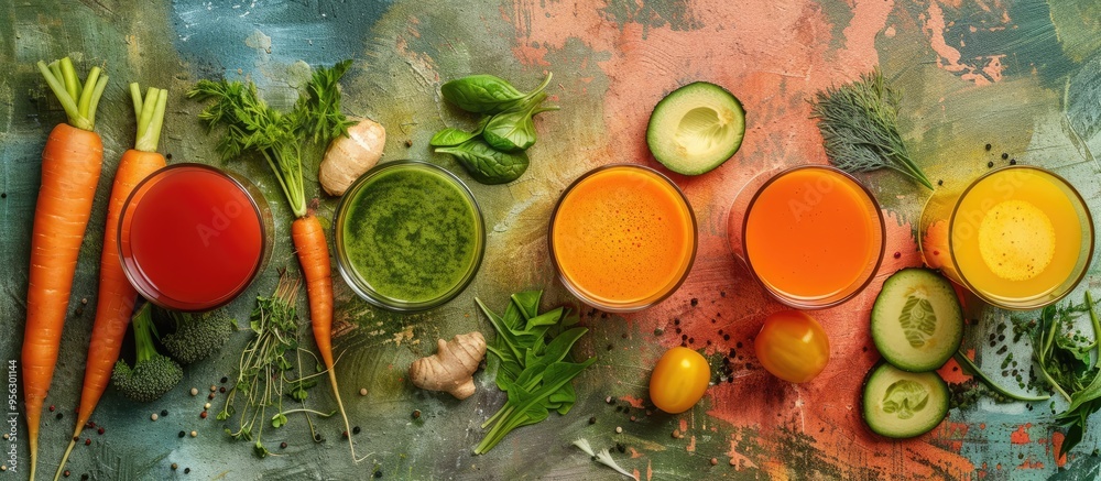 Aufkleber above view of fresh vegetables surrounding glasses of healthy carrot juice on a colorful textured ta