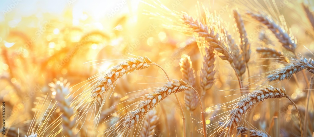 Poster close up of ripe rye ears in a sunny field creating a harvest themed copy space image