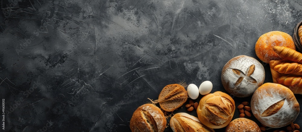 Fototapete Top view of assorted bread types creating a food concept with free space for text in the copy space image