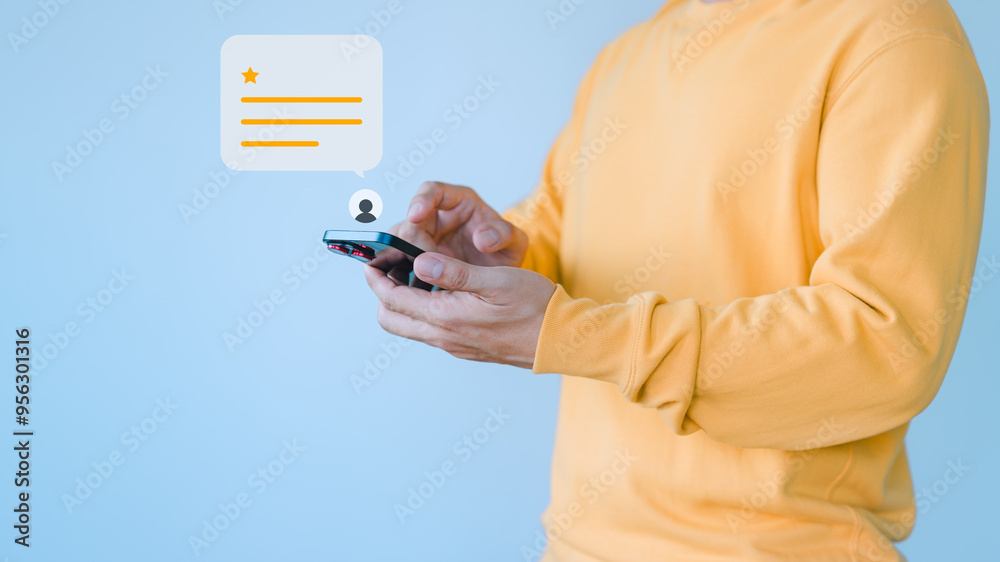 Poster Reviews and feedback with rate 1 star on virtual screen. Assessment testimonial review for dislike service and low quality. Business concept of customer experience dissatisfied by smartphone.