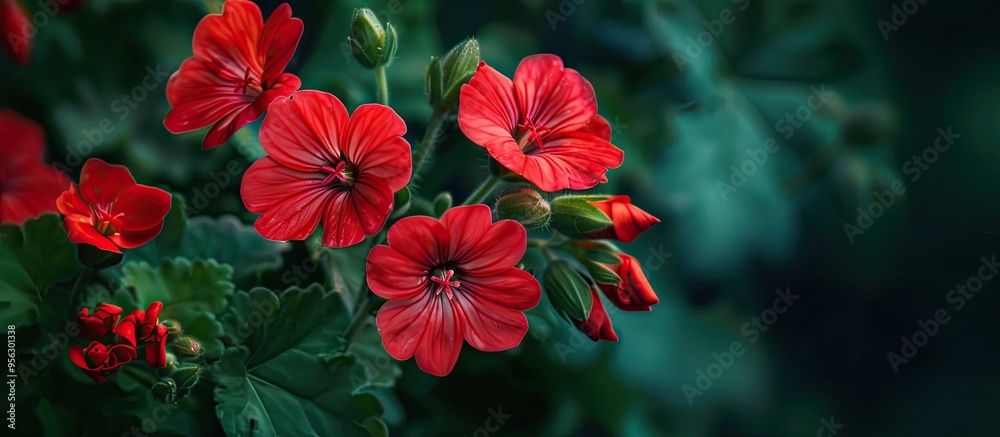 Poster vibrant red geranium or cranesbill flowers blooming in the garden adding a splash of color to the su
