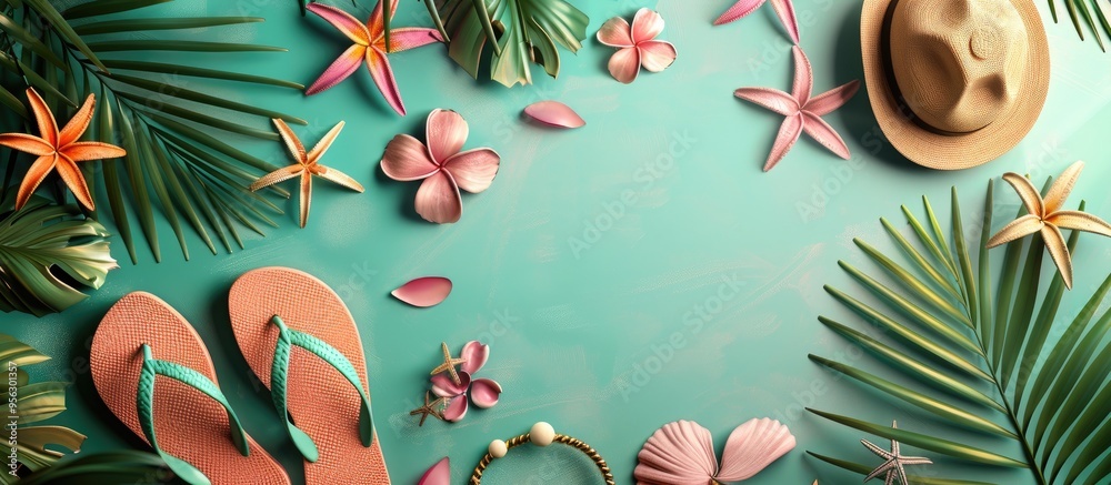 Leinwandbilder a top down display featuring flip flops and beach items on a table with a beachy theme evokes a trop