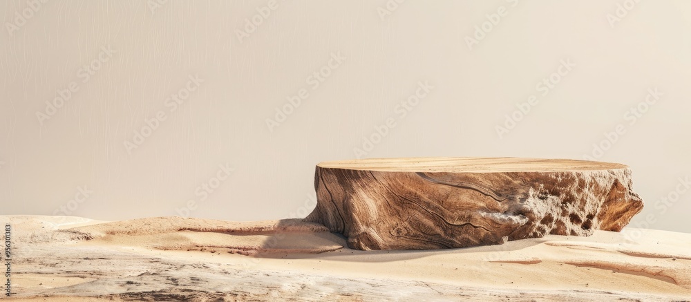 Poster Minimal abstract concept with a podium made of tree wood and stone on a realistic sandy beach background ideal for showcasing product designs with copy space image