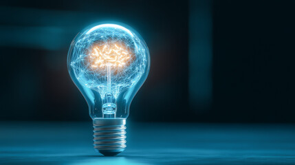 A glowing light bulb with a luminous brain, symbolizing creativity and innovation in a dark environment.