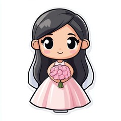Fototapeta premium Adorable chibi bridesmaid in pink, featuring a playful design perfect for kids, with bold black outlines and vibrant colors.
