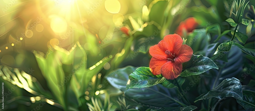 Poster Close up of a small red flower in sunlight with a copy space image set against a backdrop of lush green plants for an eco friendly wallpaper design