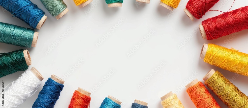 Aufkleber a top down view of vibrant sewing threads against a white backdrop allowing for copy space image