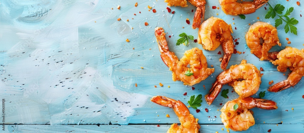Poster top view of delectable fried breaded shrimps on a light blue wooden table with available copy space 
