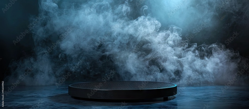 Aufkleber cylindrical stage with a dark background and smoke for presentations offers ample copy space image