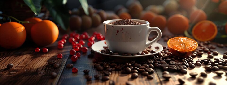 Hot coffee with oranges and coffee beans on a wooden table