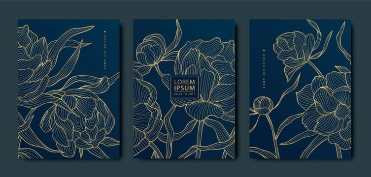 Vector golden roses, peonies art deco patterns. Line flowers texture covers. Luxury black line flyers, brochures, package design, social media post, banners