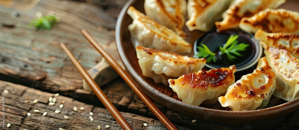 Poster selective focus on gyoza or dumplings with soy sauce in a copy space image