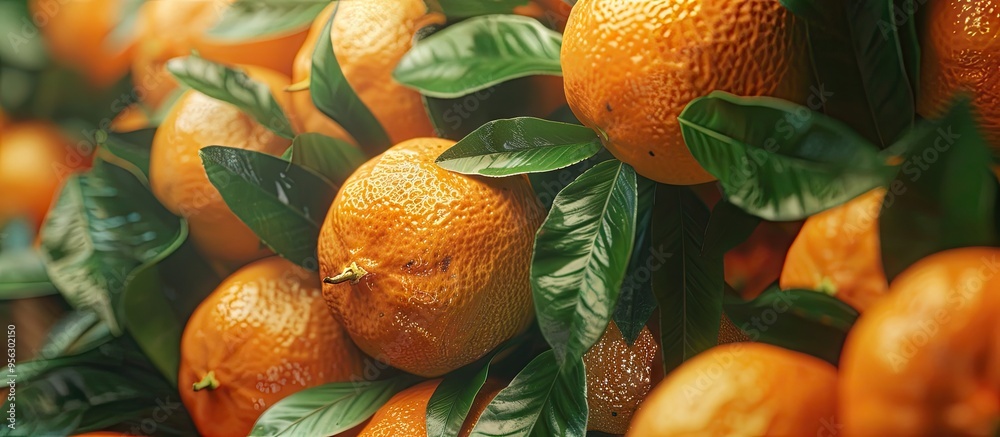Poster a close up view of a stack of fresh oranges in a market stall with lush green leaves peeking through