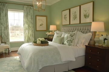 Fototapeta premium A green bedroom with a white bed and floral decorations.