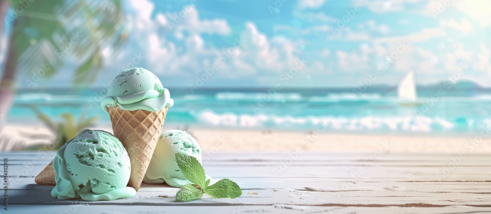 Poster a summer themed copy space image featuring mint ice cream scoops in waffle cones on a wooden table s