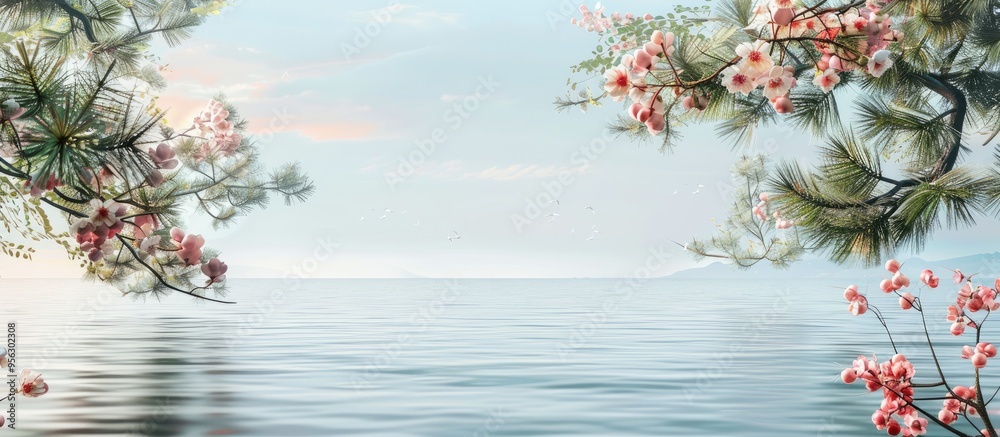 Poster A picturesque scene showing pine tree branches with flowers on one side and the sea on the other creating a serene copy space image