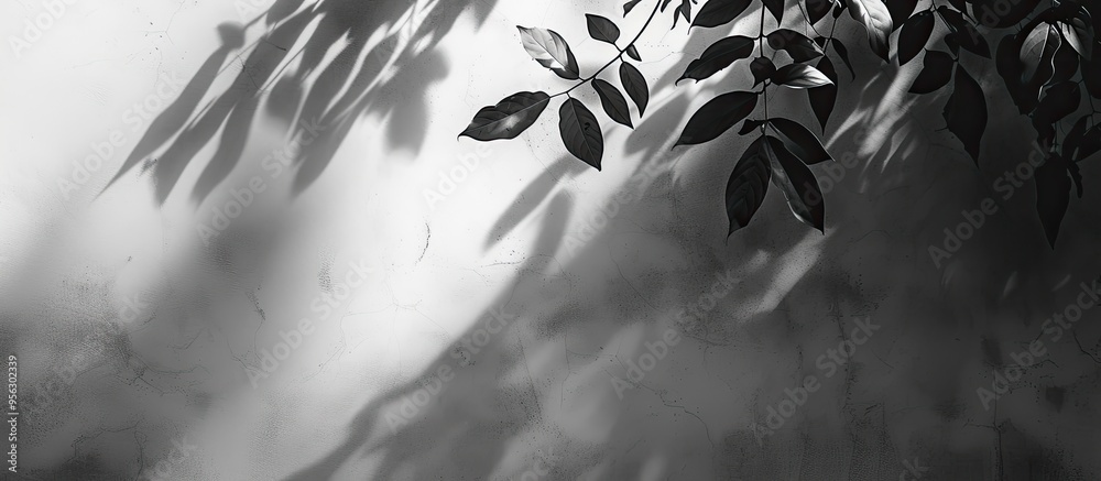 Fototapete abstract black and white background of leaf shadows on a concrete wall with empty copy space image