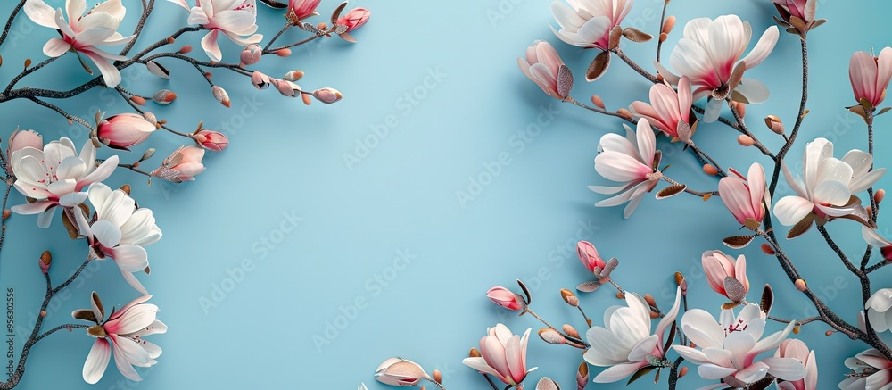 Poster floral spring blooms set against a serene blue backdrop with space for adding images. creative banne