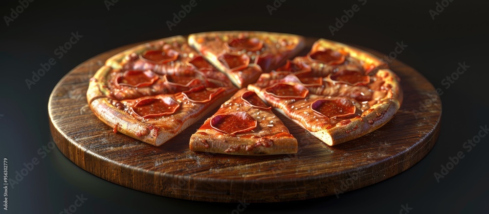 Poster a pepperoni pizza cut into six slices is displayed on a wooden platter in a copy space image