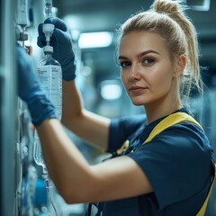 Obraz premium Nurse carefully changing IV fluids in modern hospital