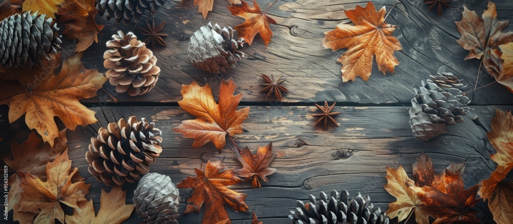 Aufkleber Autumn themed composition featuring cones and leaves arranged on a wooden surface with ample copy space in the top view image