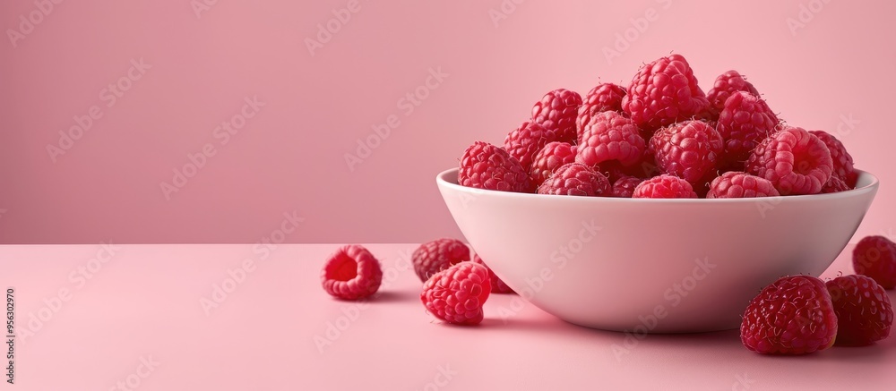 Poster a creative fruit arrangement featuring ripe raspberries on a soft pink backdrop with space for text 