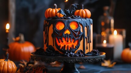 Halloween Pumpkin and Skull with Creative Halloween Cake, Orange and Black Cake for Halloween Celebration, 3D Illustration. AI generated illustration.