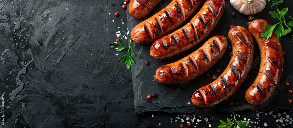 Poster grilled sausages with a dark background in a long banner format viewed from above with copy space im