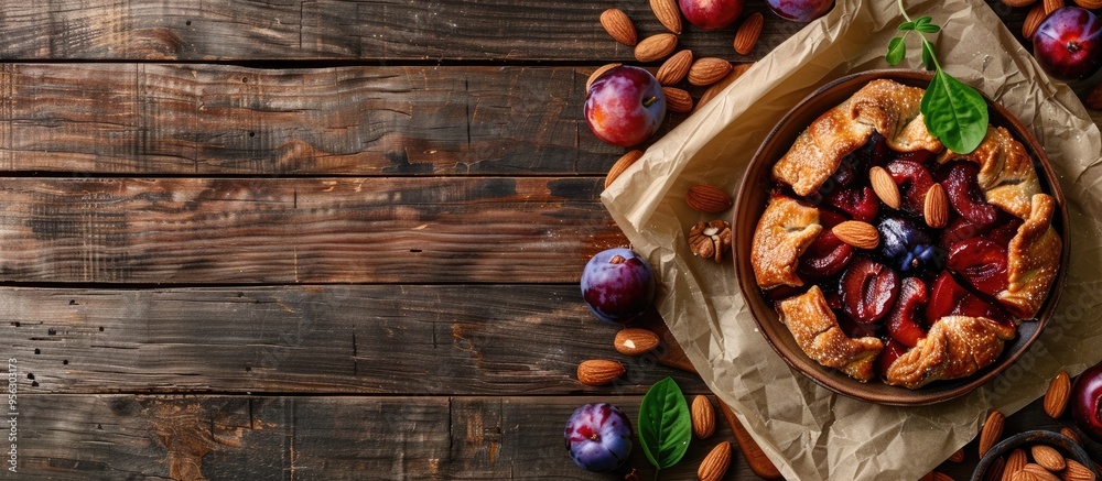 Poster wooden background with baking paper a tasty plum galette and a dish of almonds offering a visually a